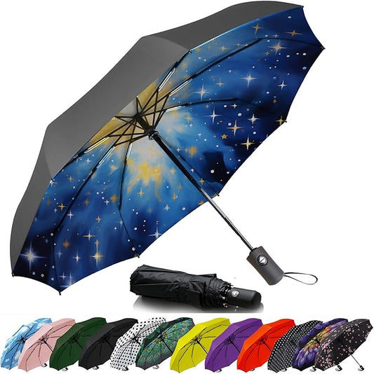 SIEPASA Compact Travel Umbrella - Windproof Auto Open/Close, Lightweight Folding Umbrella wIth Fiberglass Frame & Waterproof Canopy. Fits Backpack/Purse. (Nebulas)