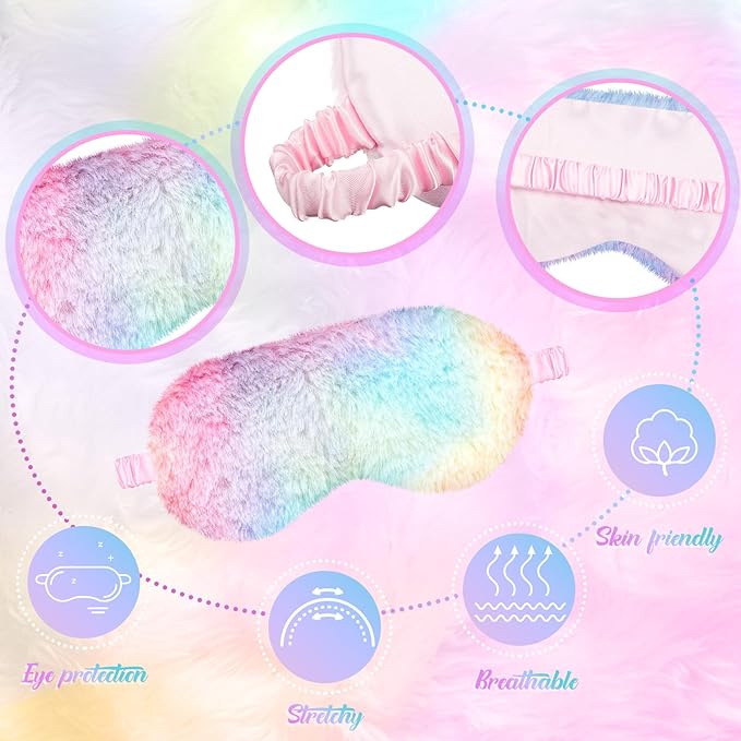 Cuffbow 6 Pcs Plush Sleep Eye Mask Silk Furry Eye Covers for Sleeping Cute Sleep Mask Fluffy Comfortable Sleeping Blindfold for Travel Sleepover Nap Party Supply Women(Tie Dye,Rainbow)