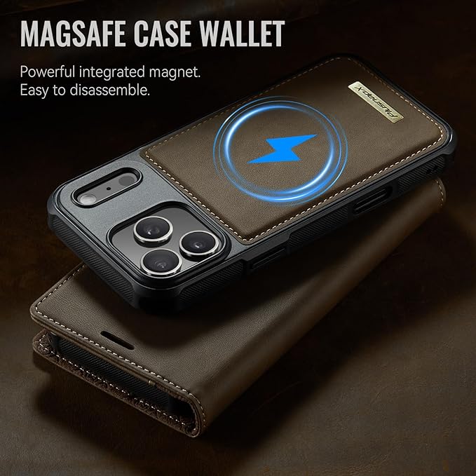 PlusnapX Wallet Case for iPhone 17 Pro Compatible with Magsafe, 2-in-1 PU Leather Flip RFID Blocking Card Holder Stand Shockproof Magnetic Detachable Cover for iPhone 17 Pro Case 6.3", Brown