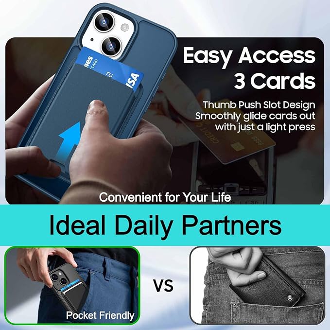 Ntwinro Magnetic for iPhone 15 Case (Compatible with MagSafe) with Detachable Wallet & Card Holder for 3 Cards [RFID Blocking] Military Grade Protective Slim Phone Cover, Deep Blue
