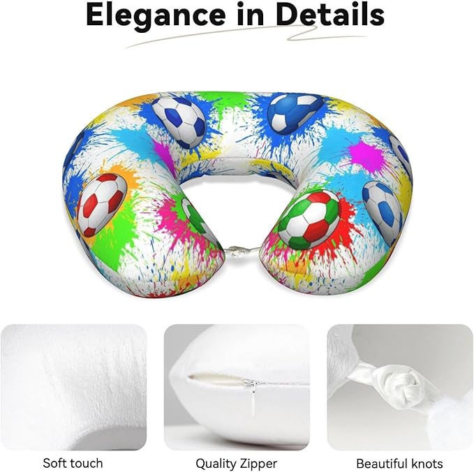 Comfortable Memory Foam Neck Pillow Splash Ink Colorful Paint Football Soccer, Travel U Shaped Airplane/Car/Flight Pillows with Removable Zipper Cover, Chin Head Neck Support Cushion