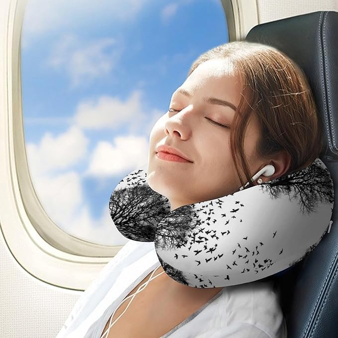 Compact Polyester Neck Support Pillow, Black Crow Raven Bird On Tree Branch Camo U-Shaped, U-Shape Rest Cushion for Car Office Travel, Machine Washable Comfort
