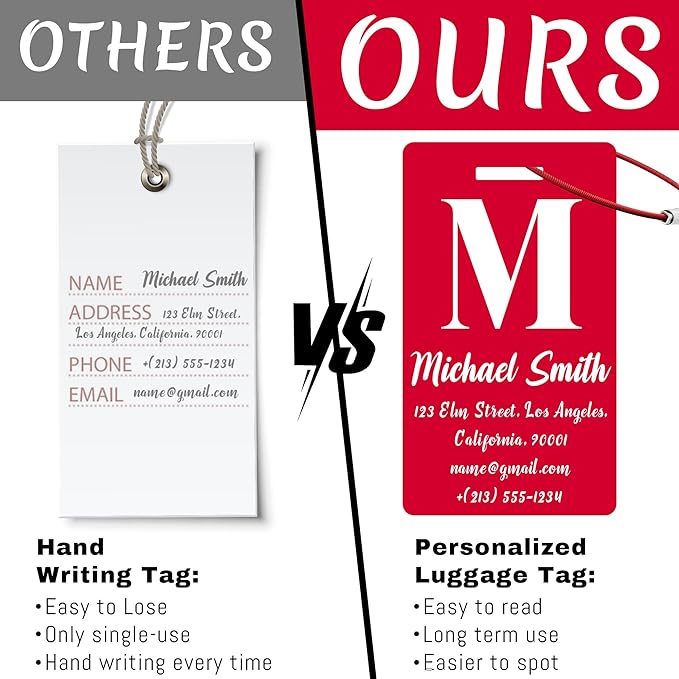 4 PCS Personalized Luggage Tags for Suitcase, Custom Engraved Aluminum Luggage Tags with Your Personalized Text Logo, Metal Name Tags with Steel Loop for Bag, Suitcase, Backpack (Red, Large)