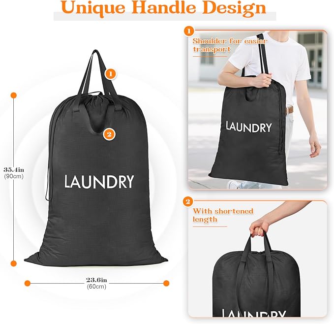 MissBoy Heavy Duty Nylon Laundry Bag,Washable & Splash-Resistant Dirty Clothes Storage Bag with Drawstring & Handles丨Lightweight, Foldable & Space-Saving for College Dorm,Vacations&Trips, 80L