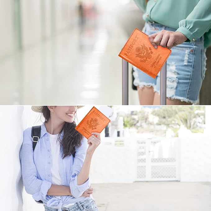 Passport and Vaccine Card Holder Combo, Passport Holder with Vaccine Card Slot, Passport Wallet, Passport Cover, Passport Case, Passport Holder for Women and Men(BA-Orange)