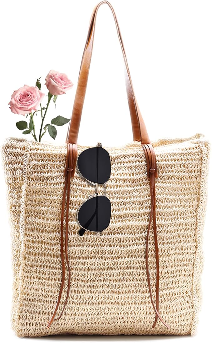 miss fong Summer Beach Bag, Beach Bags for Women,Straw Bag Straw Beach Bag Handmade Woven Tote Bag for Holiday Beach Trips