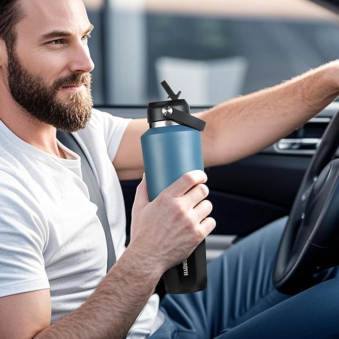 HYDROWION 32 oz Insulated Water Bottle, Car Water Bottle Holder - Double Wall Vacuum Insulated Travel Bottle with Straw Lid, Spout Lid and Flex Cap - Cold for 24H, Hot for 12H, Black - Grey