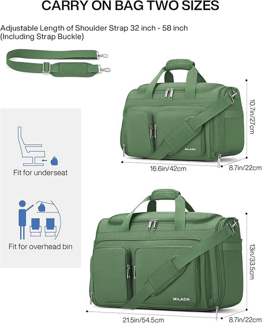MILADA Carry On Luggage Bags for Travel Large Foldable Duffle Bag for Travel Lightweight Personal Bags for Airplanes Weekend Overnight Bags for Women Mens Travel Bag, Forest Green