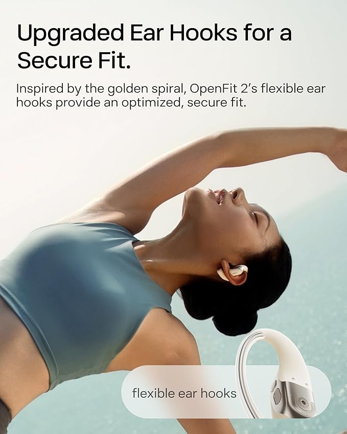 SHOKZ OpenFit 2 Open-Ear Headphones,True Wireless Bluetooth Earphones with Microphone,Earhook Earbuds with 48 Hours of Playtime,Fast Charging,IP55 Water-Resistant,with Carrying Bag,Beige,Bluetooth5.4