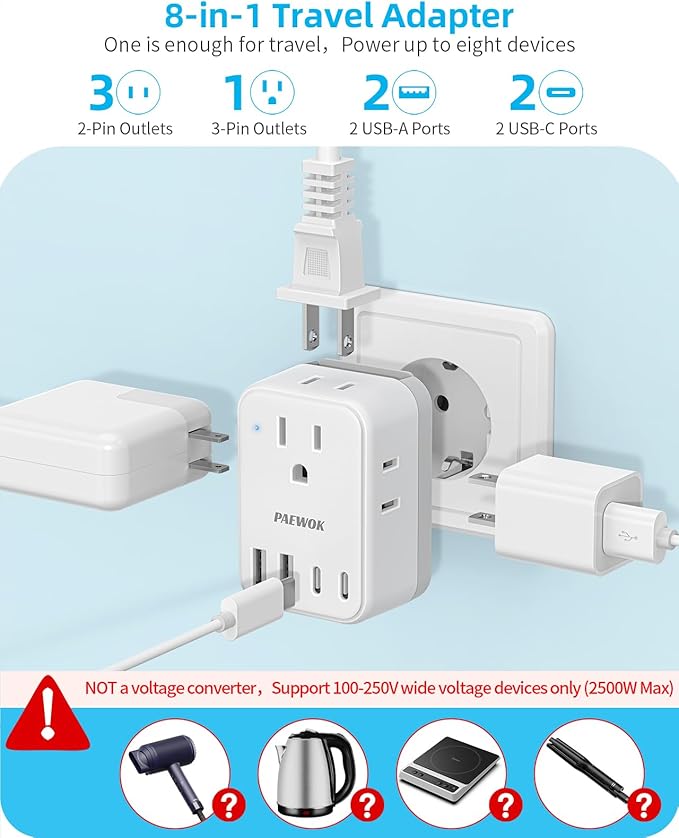 International Power Adapter Set, US to EU/UK/AUS/Japan Universal Travel Adapter- 4 AC Outlets 4 USB Ports (2 USB C), Worldwide Travel Plug Adapter Kit Include Type F/G/I/C/B/A Detachable Charger Plug