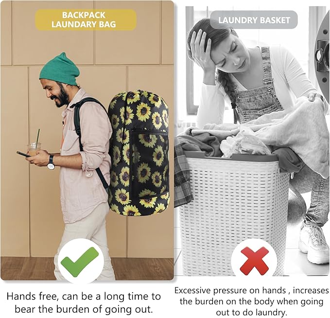 Laundry Bag Backpack, 2PCS Extra Large Travel Laundry Bag with Mesh Pocket & Adjustable Shoulder Straps,Dirty Clothes Travel Bag for College Students Dorm,Apartment(Sunflower)