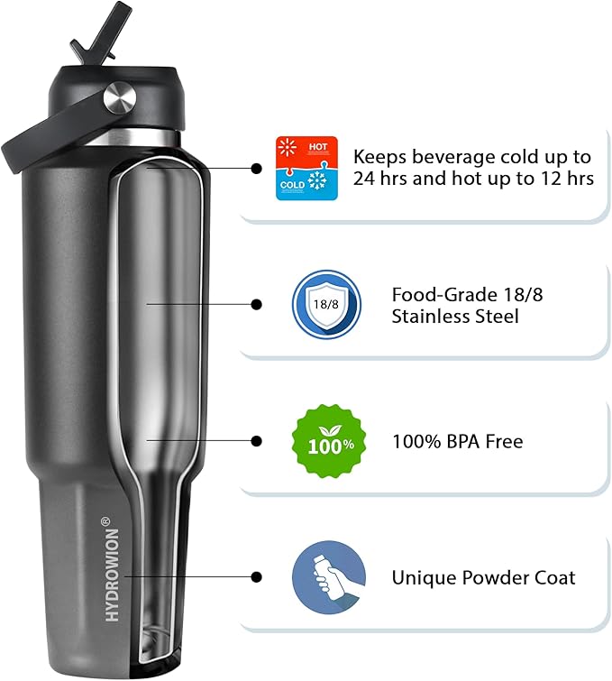 HYDROWION 32 oz Insulated Water Bottle, Car Water Bottle Holder - Double Wall Vacuum Insulated Travel Bottle with Straw Lid, Spout Lid and Flex Cap - Cold for 24H, Hot for 12H, Black - Grey