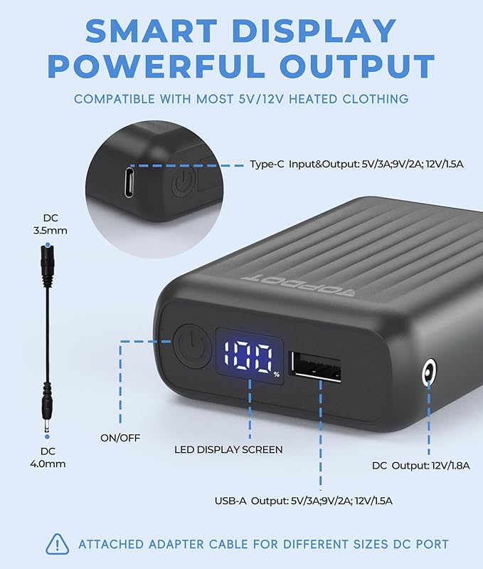 Topdot 12V/5V 2A 18400mAh Heated Jacket Battery Pack Compatible with SOLJIKYE, Wulcea, Genovega, Portable Power Bank for USB 5V Heated Vests, Jackets, Pants with Digital Display(NOT for 7.4V)