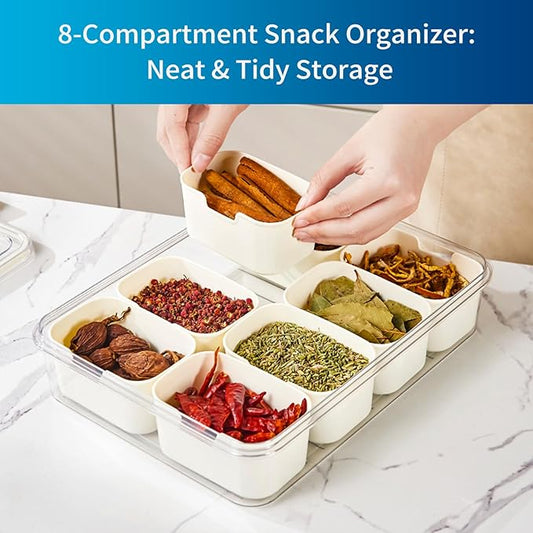 Air-Tight Snackle Box Container –Divided Serving Tray with Lid & Handle–Clear Snack box for Fruits, Candy & Nuts–Portable for Travel & Daily Use (8 Inside Containers Dishwasher Safe)