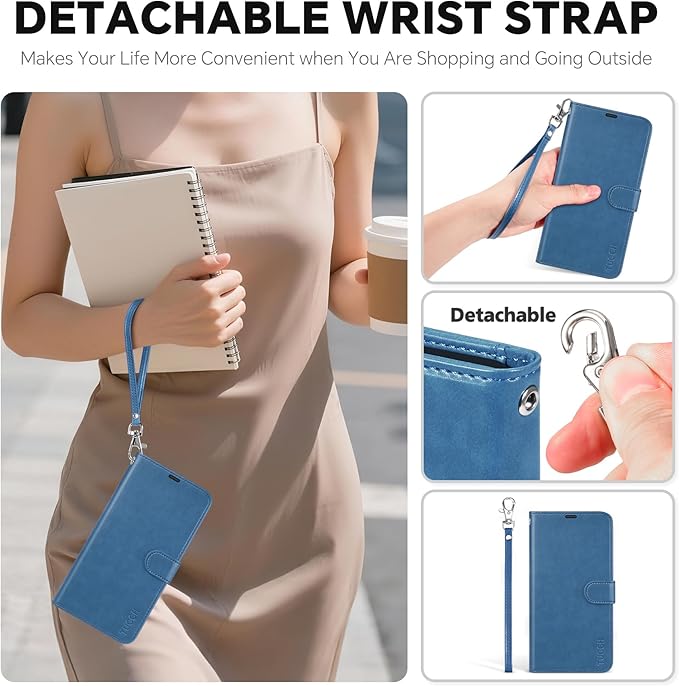 TUCCH Detachable Case Wallet for iPhone 17 Pro Max 6.9" 2025, Wrist Strap | 4 Card Slots RFID Blocking | Wireless Charging | Stand | 2-in-1 Magnetic | PU Leather | Shockproof Folio Cover | Light Blue