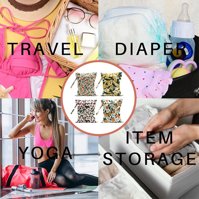 4 Pack Cute Fruit Wet Bag Waterproof Washable Reusable Wet Dry Bag for Swimsuit Dirty Clothes Cloth Diaper Travel Beach Pool Yoga Gym Toiletries Travel Beach Essentials Banana Strawberry Orange