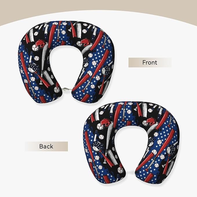 Neck Travel Pillow, Breathable Memory Foam Chin & Head Support Cushion Patriotic USA Retro American Flag Baseball Print Art for Airplane Car Sleeping Rest