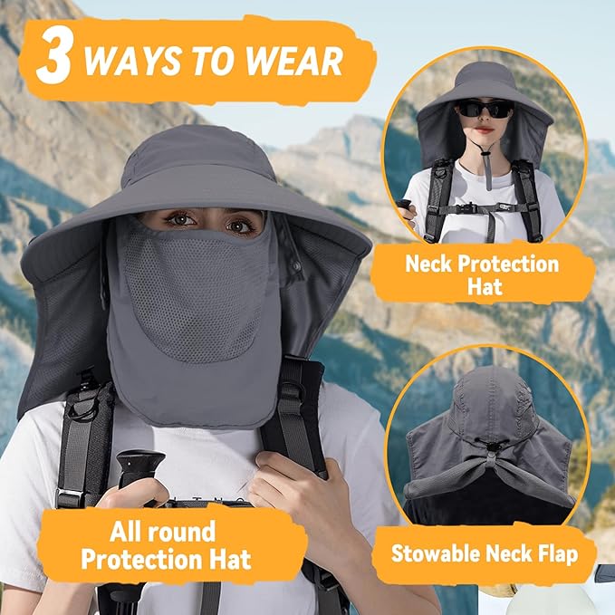 Sun Hats for Men Women Detachable Face Cover Wide Brim Fishing Hats with Neck Flap UPF 50+ Outdoor Safari Hats