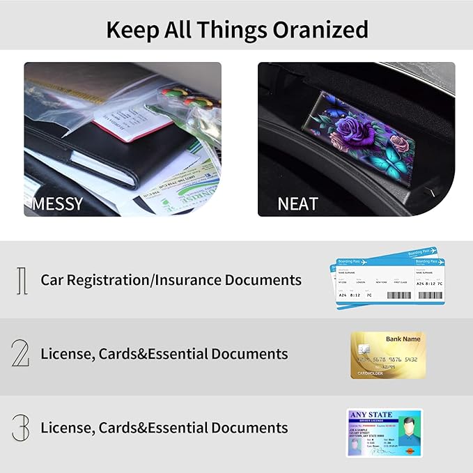 Car Registration and Insurance Holder, Leather Car Glove Box Organizer, Cool Car Accessories for ID, Driver's License Cards & Essential Document, business cards, Men&Women,Blue Pink Roses Butterfly
