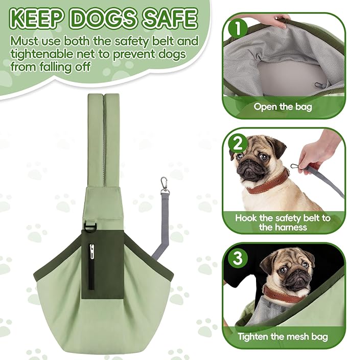 Bartuke Dog Carrier Sling, Hands Free Pet Sling Carriers for Small Dogs and Cats, Thick Padded Shoulder Strap Adjustable Dog Carriers with Storage Pocket, Water-Resistant Puppy Carrier Purse, Green