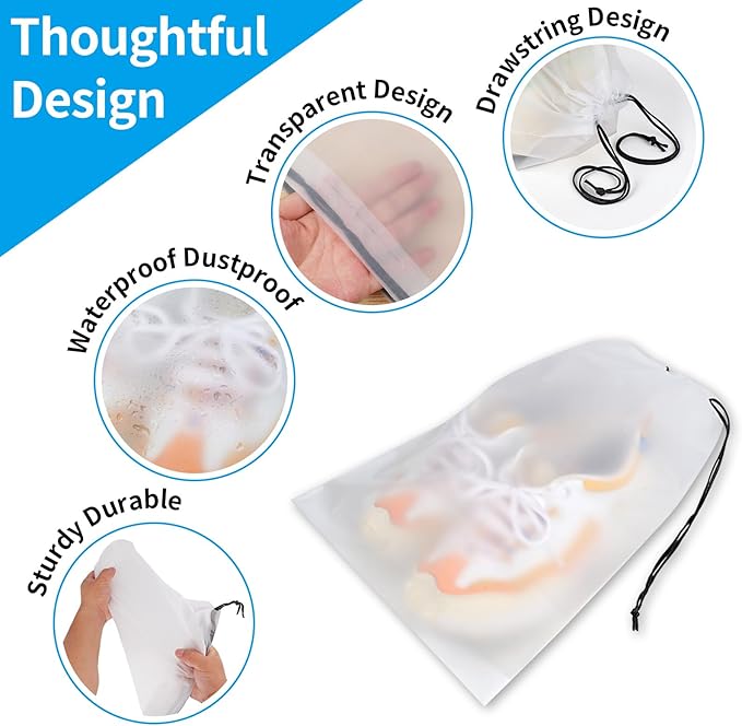 Waterproof Travel Drawstring Shoe Bags for Packing, Storage, Travel Essentials for Men and Women, 15.7 x 11.8 inches, Clear, 5 pieces