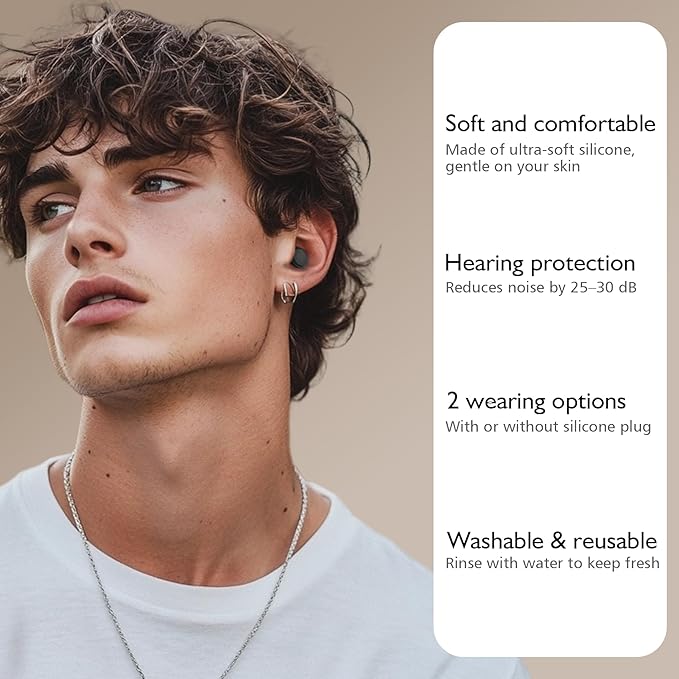 2 Pairs Ear Plugs for Sleeping, Soft Full Silicone Ear Plugs for Noise Reduction 25dB, Reusable Hearing Protection Earplugs for Concert, Focus, Noise Sensitivity, 8 Ear Tips in S/M/L - Black