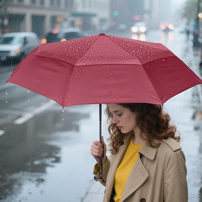 PTEROMY Windproof Compact Travel Umbrellas for Rain and Sun, Withstands 85MPH Winds Auto Open Close Folding Umbrella with Ergonomic Handle, Quick Dry Canopy for Commuting or Backpack