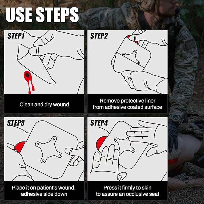 RHINO RESCUE Vented Chest Seal, 4 Vents, Sterile Emergency Trauma Dressing, Occlusive Adhesive Pad, IFAK Trauma Refill Medical First Aid Supplies for Wound Care, Gunshot Wound, Sucking Chest(6 Count)