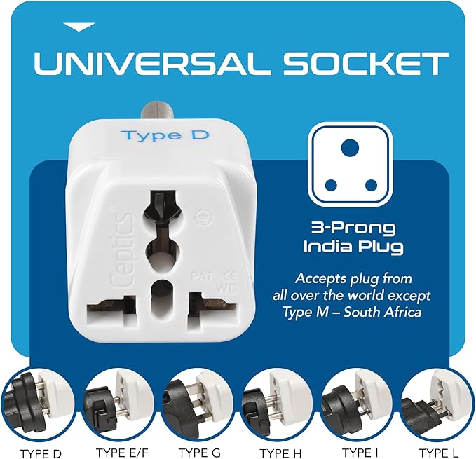 Ceptics India Travel Plug Adapter (Type D) for Pakistan, Nepal, Bangladesh - 3 Pack [Grounded & Universal] (GP-10-3PK)