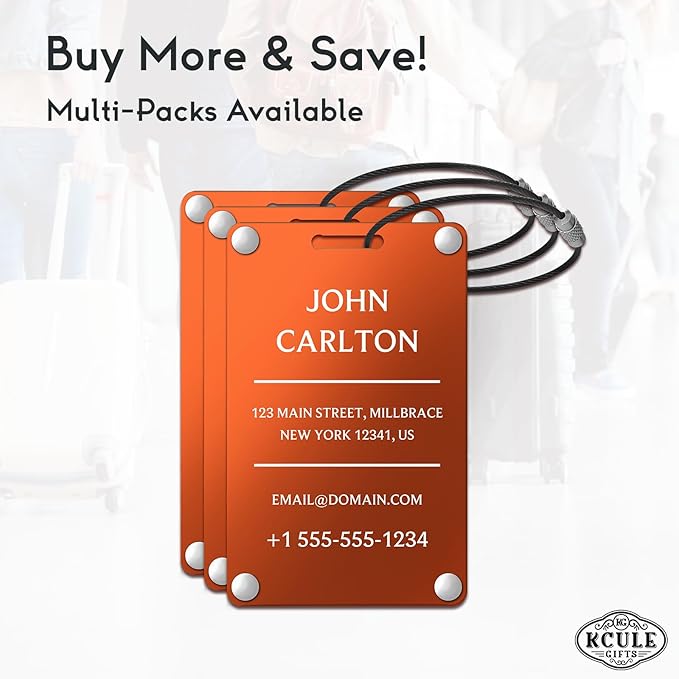 Personalized Luggage Tags for Suitcases - Aluminum Custom Luggage Tags for Backpacks & Bags, Sturdy, Waterproof & Heavy Duty (Orange/Card-Sized)