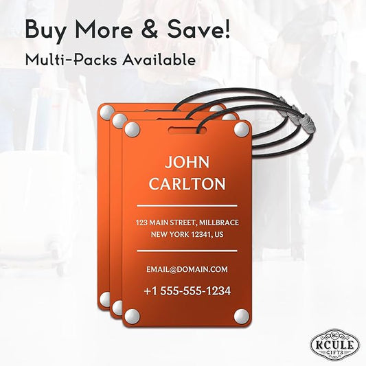Personalized Luggage Tags for Suitcases - Aluminum Custom Luggage Tags for Backpacks & Bags, Sturdy, Waterproof & Heavy Duty (Orange/Card-Sized)