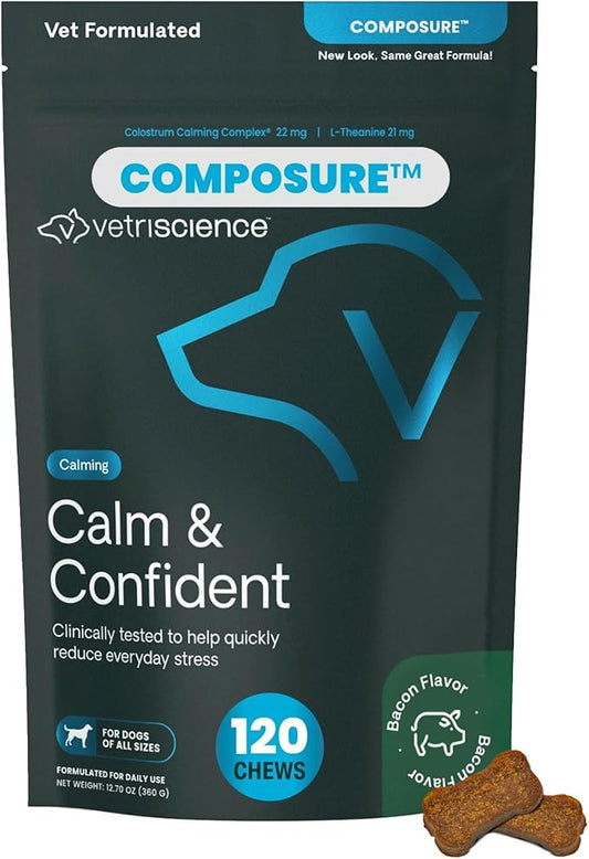 VetriScience Calm & Confident Calming Chews for Dogs, Supplement for Stress Support, Thunderstorms, Fireworks, & Travel, Bacon, Soft Chews, 120 Count - New Look