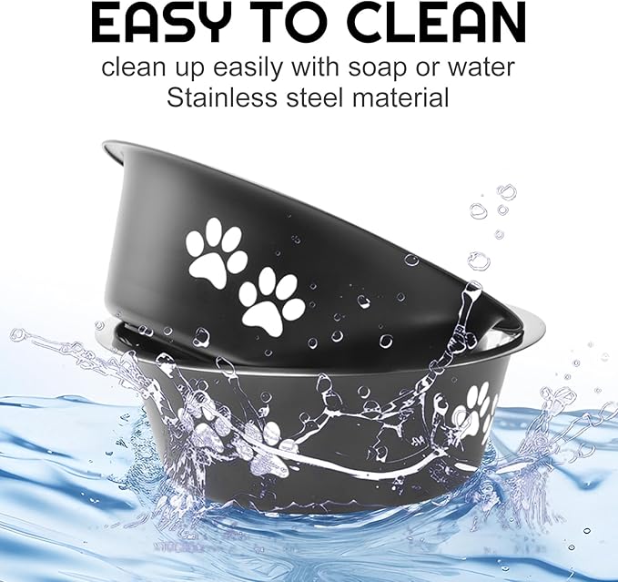 YUDANSI Dog Bowls 2 Pack Small Medium Dogs Feeding Food Water Bowl with Non-Slip Silicone Sole, Stainless Steel Dog Dishes Elevated Raised Pet Feeder(Black, L(6.6 Cups)