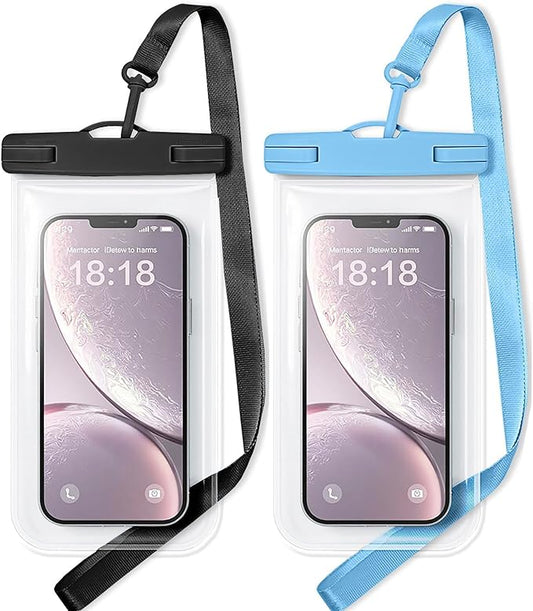 1/2 Pack Waterproof Phone Pouch Compatible with iPhone 17 16 15 Pro Max & Galaxy S24+/S23 7in Waterproof Phone Case, IPX8 Beach Travel Must Haves, Beach Essentials, Black and Blue, 2 Pack