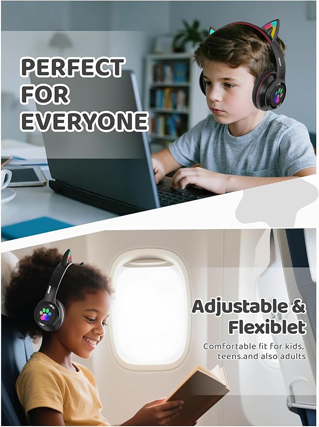 MIDOLA Kids Headphones Cat Ear Wireless Bluetooth 5.3 60H Over Ear, 8H with Led Light Foldable Headset with Aux 3.5mm Mic for Travel Pad Tablet Black