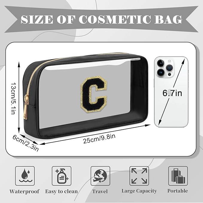 Personalized Initial Letter Clear Makeup Bag,Preppy Small Nylon&PVC Cosmetic Zipper Bag with Chenille Letter,Travel Skincare Toiletry Bag,Monogram Christmas Gift for Teen Girls Women,C