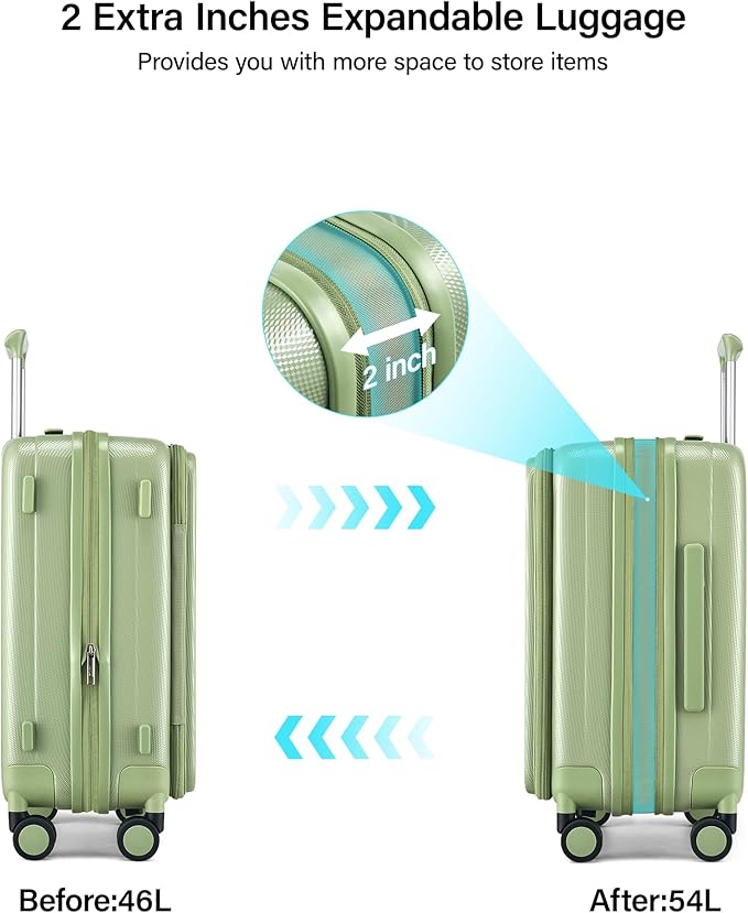 Hanke 20 Inch Expandable Carry On Luggage Airline Approved Top Opening Hard Shell Suitcases with Wheels Lightweight Travel Luggage Carry On Suitcase for Woman Men-Bamboo Green