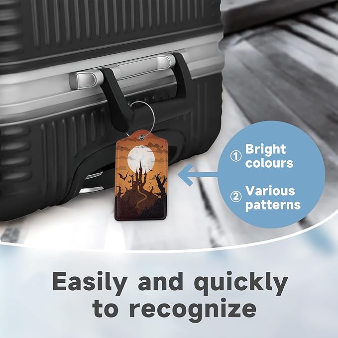 Halloween Night Full Moon Luggage Tags for Suitcases,2 Pack Bat Luggage Tag,Leather Stainless Steel Loop Label Tag for Women Men Girls Travel Bag Suitcase