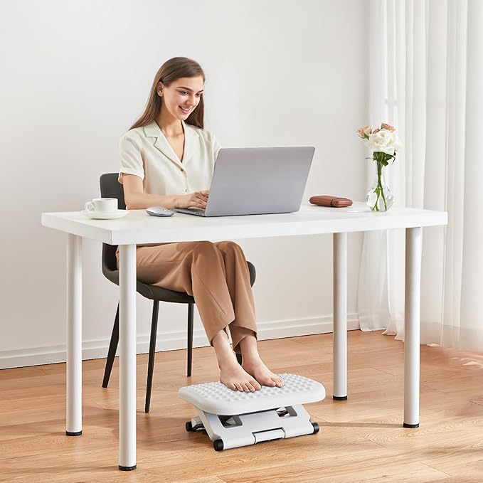 HUANUO Adjustable Desk Footrest, Foot Rest for Under Desk at Work with Massage, Adjustable Foot Stool with 3 Height Position & 30 Degree Tilt Angle Adjustment for Home, Office, White