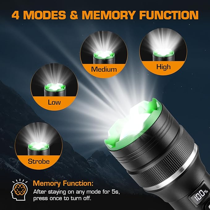 EverBrite Rechargeable LED Flashlight 1000 Lumens, 4 Modes Super Bright Zoomable Flash Light with Power Bank, Memory Function, Power Indicator for Outdoor Camping, Emergency, Home Use