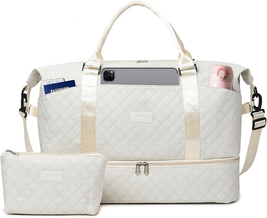 50L Large Travel Duffel Bag with Shoe Compartment & Toiletry Bag for Women, Overnight Bags with Wet Pocket,White