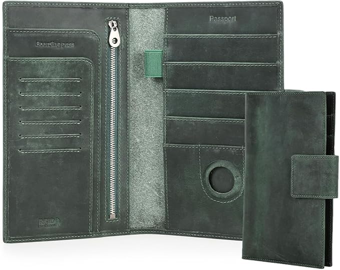 CONTACTS Full Grain Leather Family Passport Holder for 4 Airtag Passport Wallet RFID Blocking Travel Passport Cover with 4 Passport Slot, 6 Card Slot (Green)