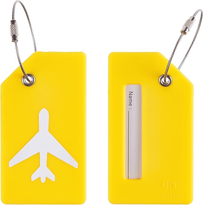 Gostwo 2 Pack Silicone Luggage Tags for Suitcases, 26 Initial Letter Baggage Labels Handbag School Bag Suitcase Instrument Tag with Stainless Steel Loop(Yellow)(Airplane)