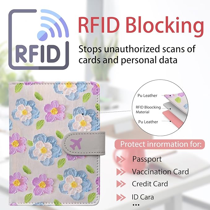 Passport Holder, Travel Wallet Cover with Pen Loop | Cute RFID Blocking Leather Case with Magnetic Closure for Travel Essentials-Flower