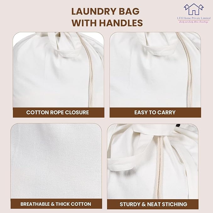 LFH Home Cotton Canvas Large Laundry Bag with Handle, Heavy Duty Drawstring Closure Washable Laundry Bags, School Travel, Home, Hotel, College Dorm, Organizer Sack, Toy Clothes 28x36 (Pack of 2)-White