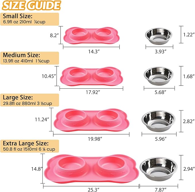 Hubulk Pet Dog Bowls 2 Stainless Steel Dog Bowl with No Spill Non-Skid Silicone Mat + Pet Food Scoop Water and Food Feeder Bowls for Feeding Small Medium Large Dogs Cats Puppies (Extra Large, Pink)