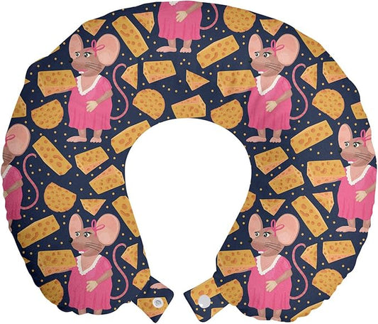Ambesonne Animal Travel Pillow Neck Rest, Cartoon Animated Repeated Female Rat Girl Silhouettes and Spotted Cheese, Memory Foam Traveling Accessory for Airplane and Car, 12", Indigo Pink