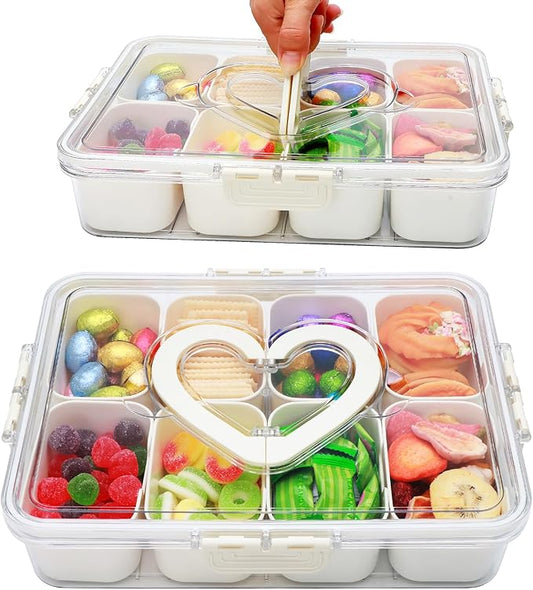 2 Pack Snackle Box Container,snack box-Divided Serving Tray with Lid and Handle with 8 Compartment,Portable Snack Serving Platters Reusable Storae Organizer for Fruits,Nuts,Candy,Party,Picnic