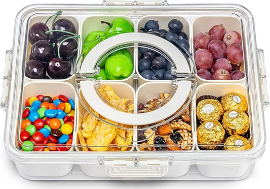 Air-Tight Snackle Box Container –Divided Serving Tray with Lid & Handle–Clear Snack box for Fruits, Candy & Nuts–Portable for Travel & Daily Use (8 Inside Containers Dishwasher Safe)