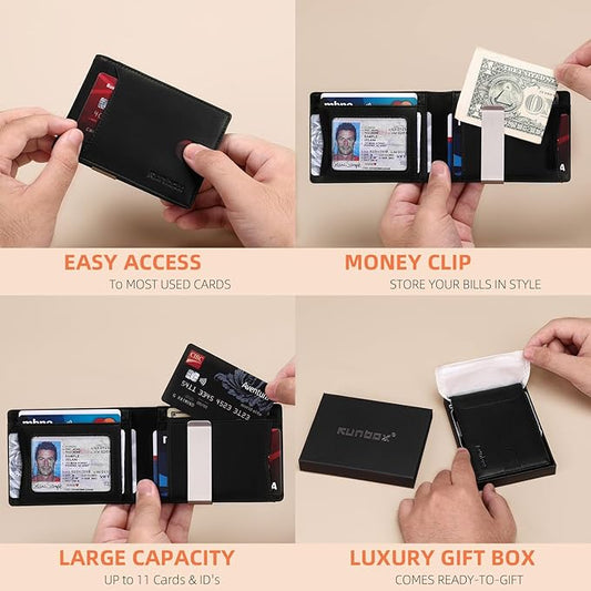 RUNBOX Slim Wallets for Men - Leather Money Clip Mens Wallet - RFID Blocking Front Pocket Bifold Wallet - Thin Credit Card Holder with Gift Box